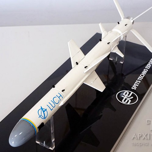 The Neptune rocket model at the exposition of Ukraine at the IDEX-2019 exhibition. 3D printing.