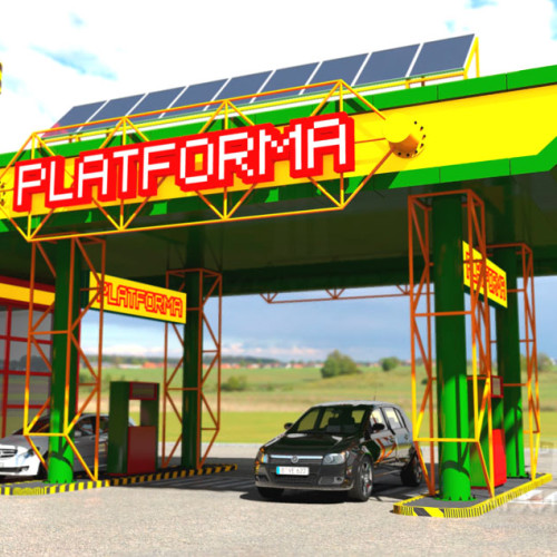 Visualization of a gas station with a shop and a cafe
