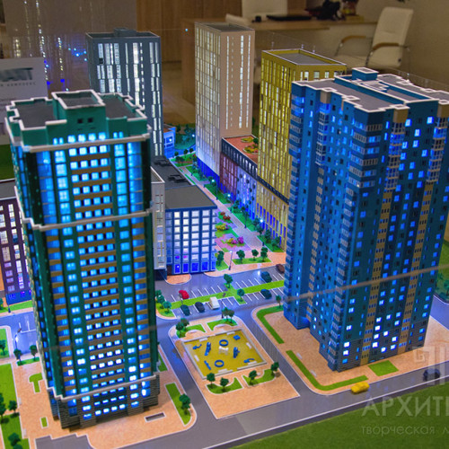 Architectural Model of residential complex with illumination