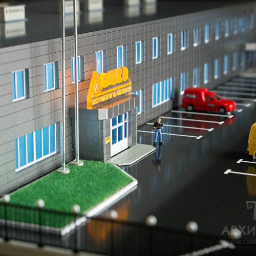 1:150 scale architectural model of trade and office center with illumination