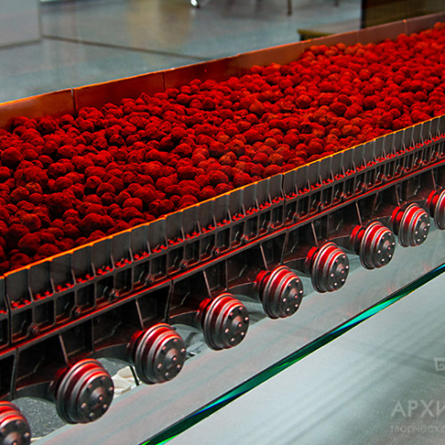 A large fragment of trolleys in a scale of 1:50, placed in the glass base of the models